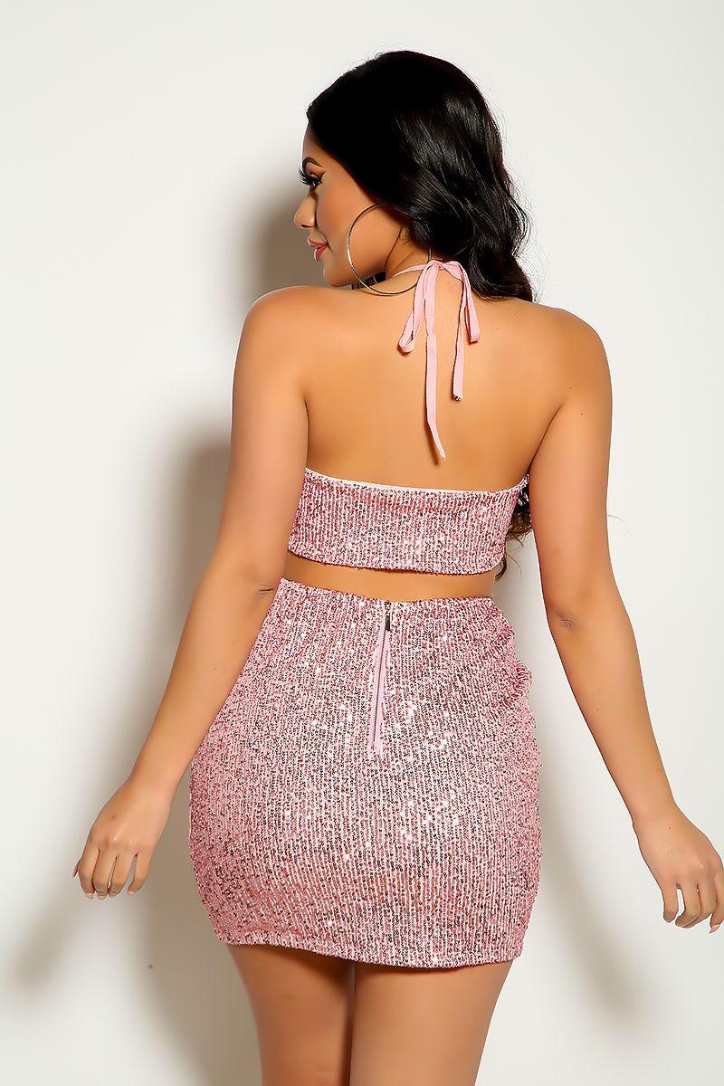 Pink Sequins Halter Strappy Sexy Party Dress - AMIClubwear