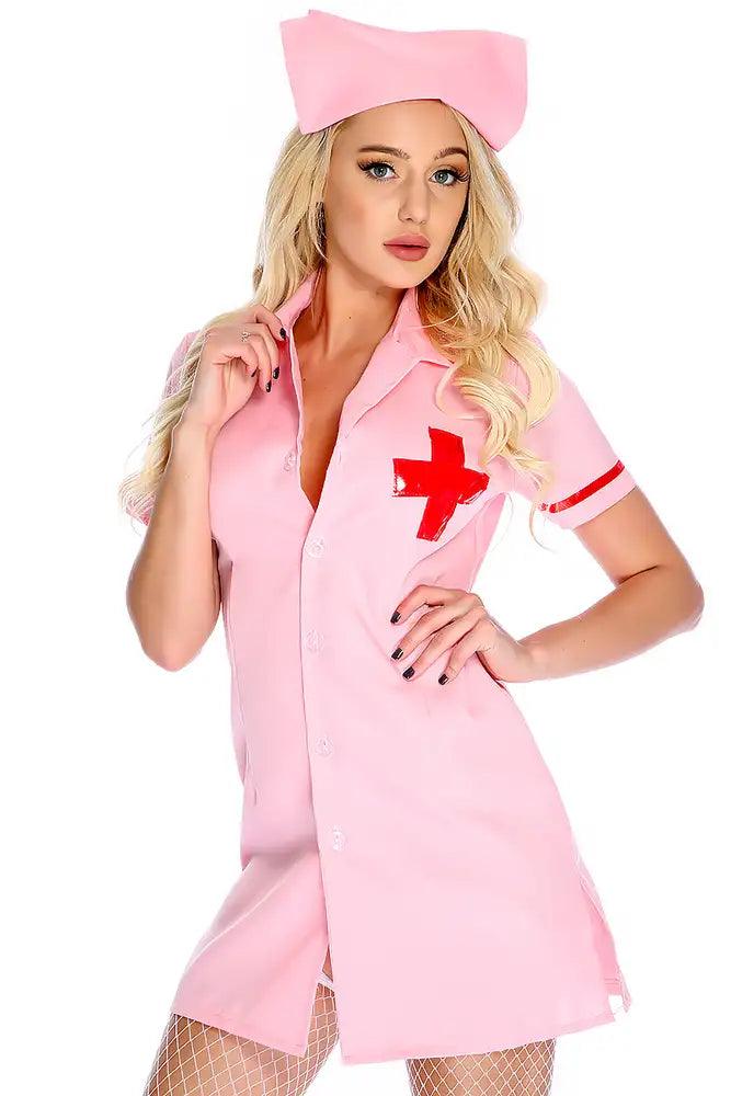 Pink Sexy Collar Dress Uniform 2pc Nurse Costume - AMIClubwear