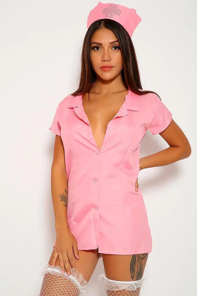 Pink Sexy Collar Dress Uniform 3pc Rhinestone Nurse Costume - AMIClubwear