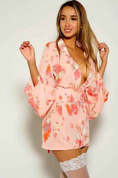 Pink Sexy Floral Print Traditional Japanese Kimono Exotic Costume - AMIClubwear