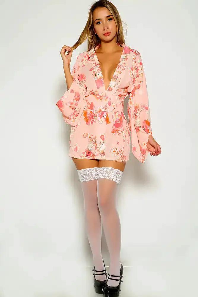 Pink Sexy Floral Print Traditional Japanese Kimono Exotic Costume