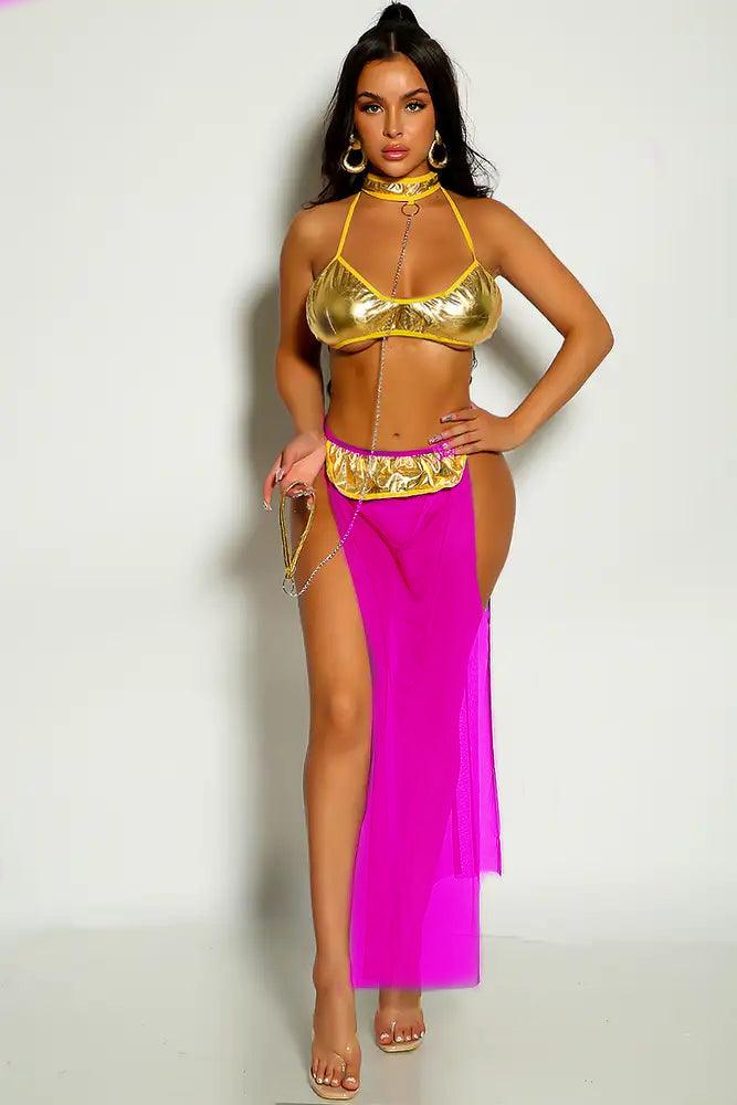 Pink Sexy Open Slit 3pc Slave Princess Costume - AMIClubwear