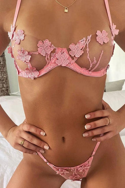 Pink Sheer Mesh Floral Embroidered Underwire Bra & Panties Set - AMIClubwear