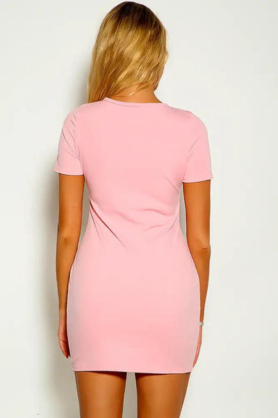 Pink Short Sleeve Lace Up Cut Out Detail Dress - AMIClubwear