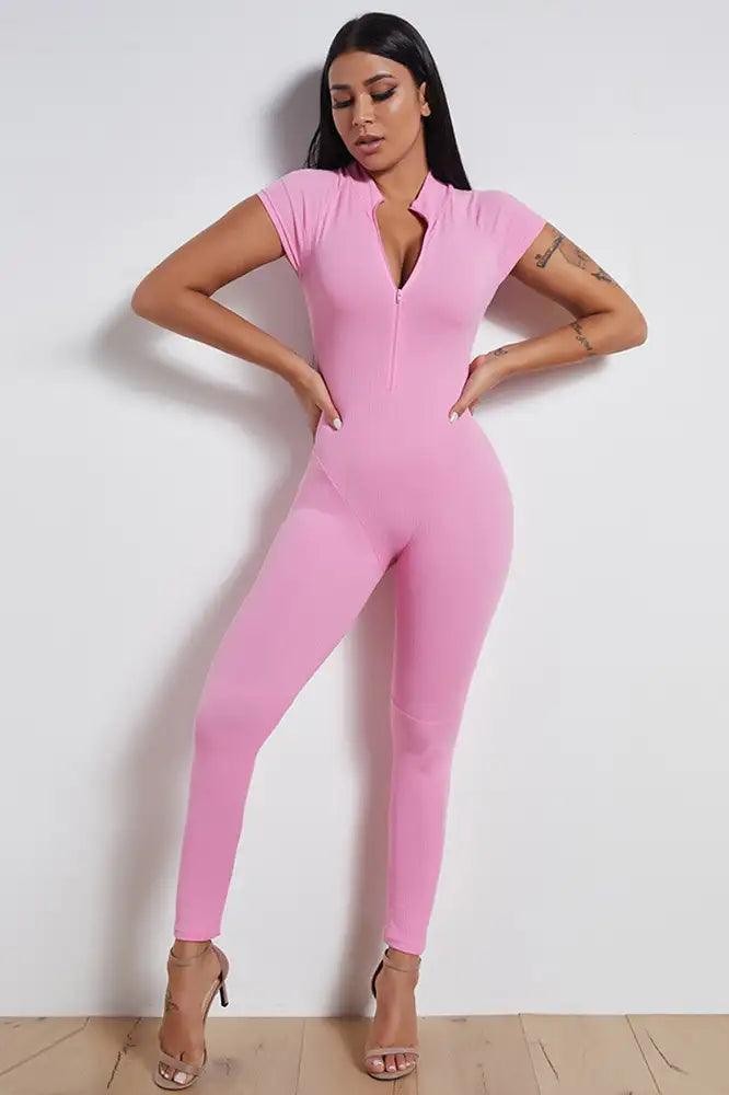 Pink Short Sleeve Mock Neck Front Zip Up Fitted Jumpsuit - AMIClubwear