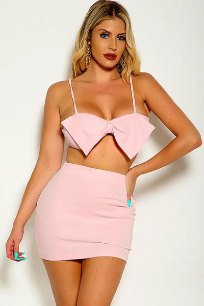 Pink Sleeveless Bow Detail Cropped Two Piece Dress - AMIClubwear