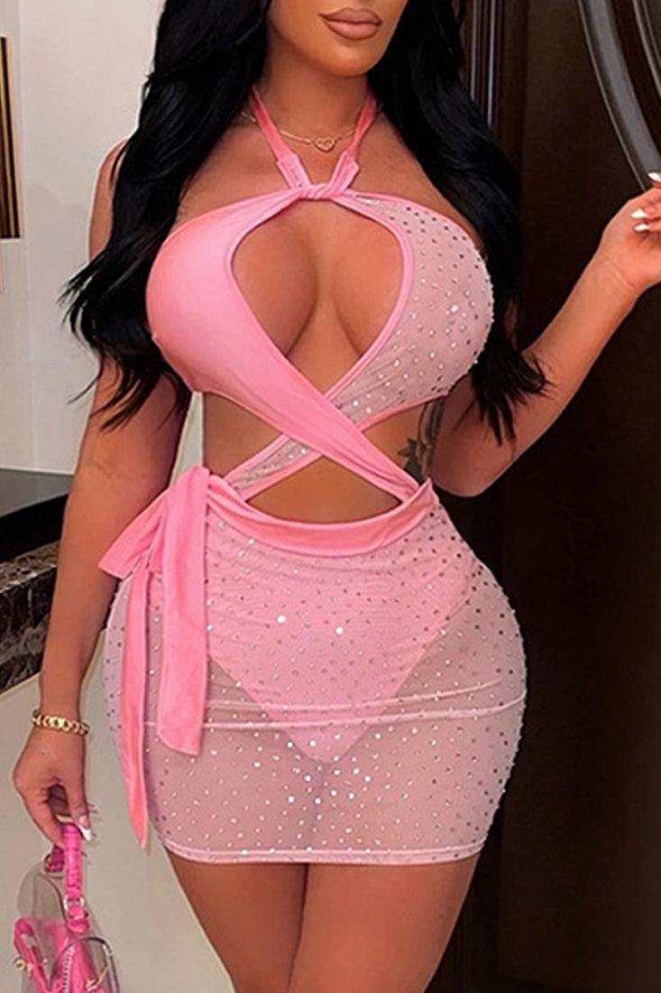 Pink Sleeveless Halter Rhinestones Strappy Two Piece Party Dress - AMIClubwear