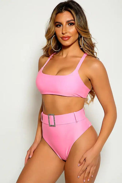 Pink Sleeveless High Waist Rhinestone Detail Two Piece Swimsuit - AMIClubwear