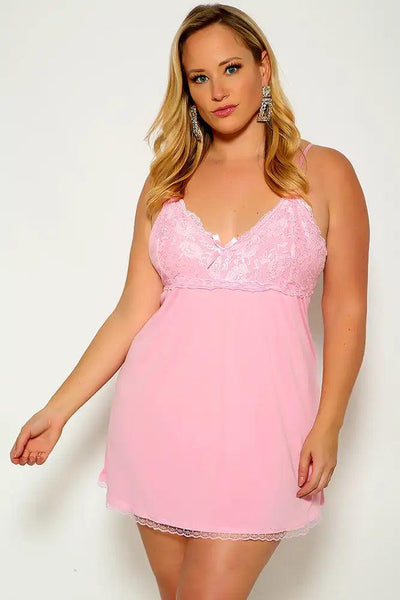 Pink Sleeveless Lace Detail Sexy Plus Sexy Chemise Lingerie - AMIClubwear