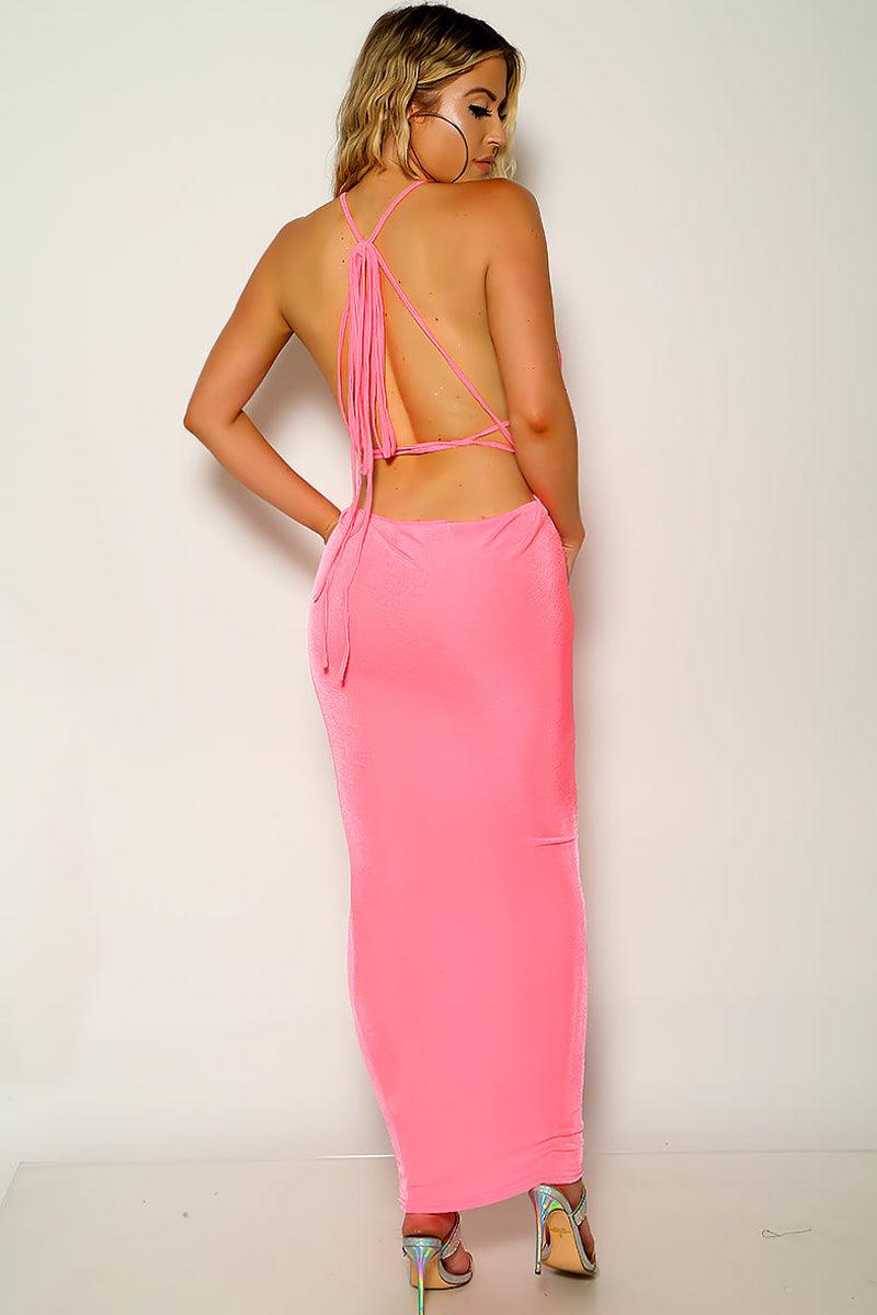 Pink Sleeveless Lace Up Maxi Party Dress - AMIClubwear
