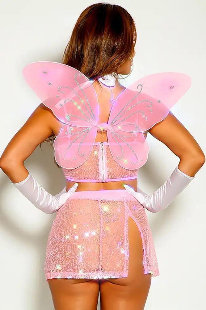 Pink Sleeveless Mesh Glitter Side Tie Two Piece Versatile Costume - AMIClubwear