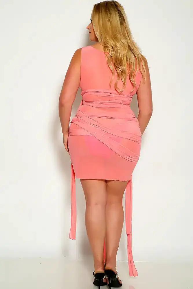 Pink Sleeveless Mesh Strappy Wrap around Detail Plus Size Party Dress