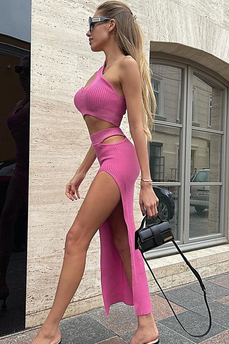 Pink Sleeveless One Shoulder Ribbed Cropped Side Slit Two Piece Dress - AMIClubwear