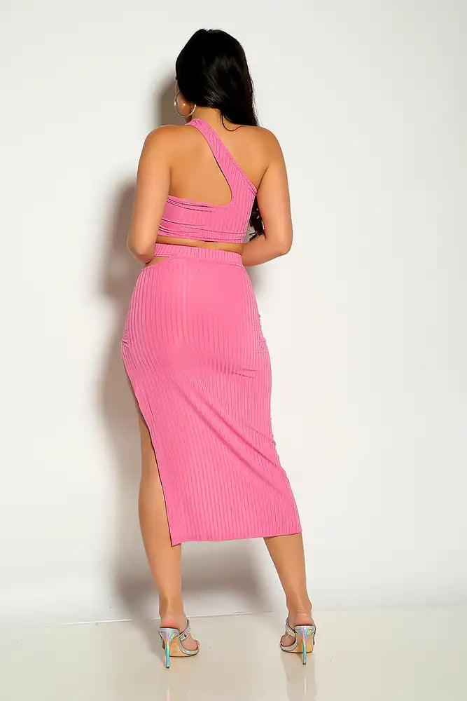 Pink Sleeveless One Shoulder Ribbed Cropped Side Slit Two Piece Dress - AMIClubwear