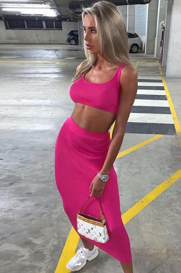 Pink Sleeveless Ribbed Maxi Two Piece Party Dress - AMIClubwear