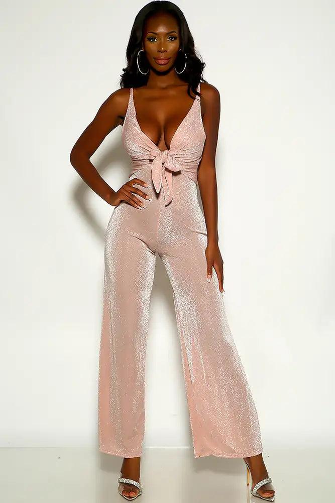 Pink Sleeveless Shimmer Tie Knot Flared Jumpsuit - AMIClubwear