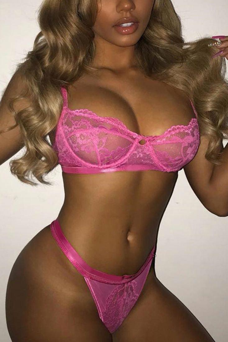 Pink Sleeveless Two Piece Lace Cheeky Two Piece Lingerie - AMIClubwear