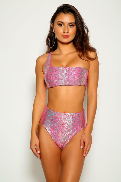 Pink Snake Print High Waist Two Piece Swimsuit - AMIClubwear