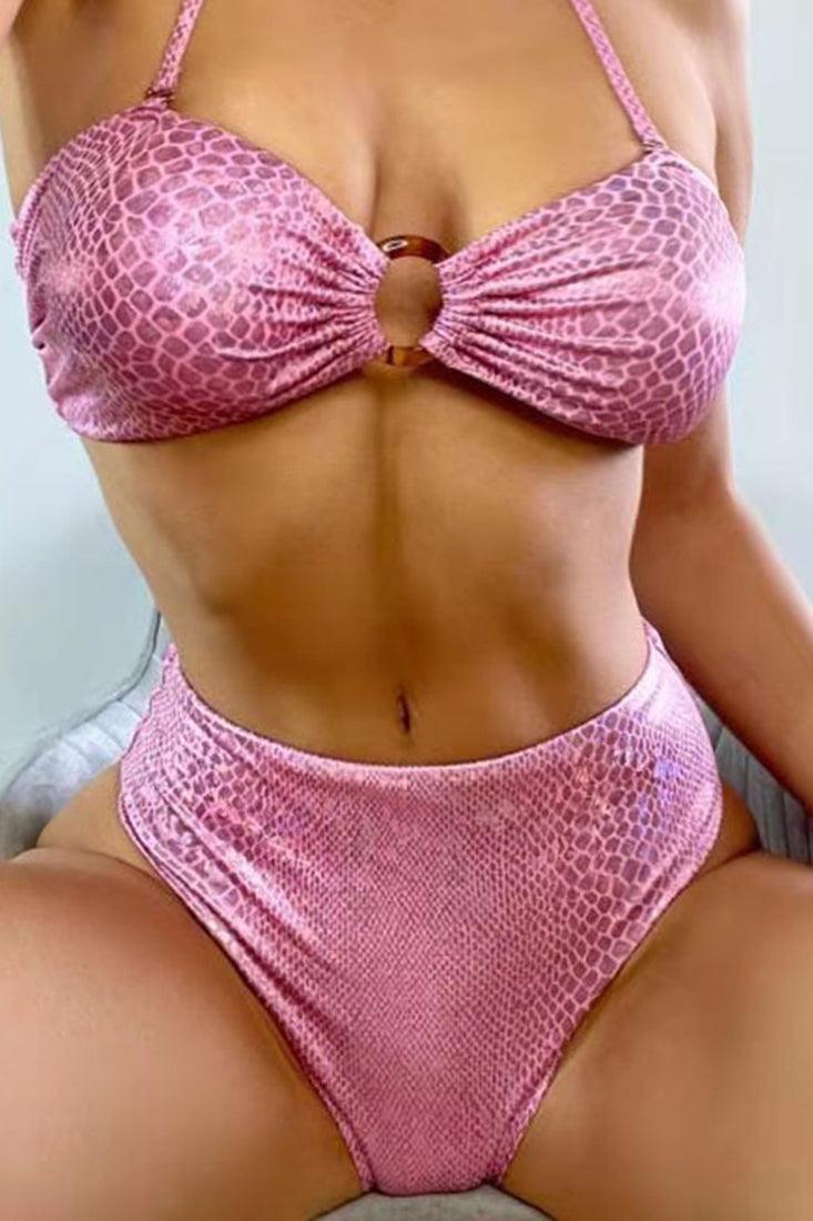 Pink Snake Print Holographic Bandeau Two Piece Sexy Swimsuit
