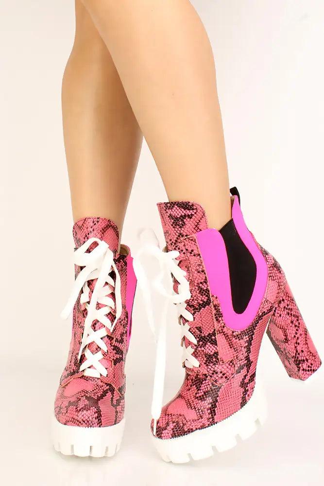 Pink Snake Print Lace Up Platform Chunky Heel Booties - AMIClubwear