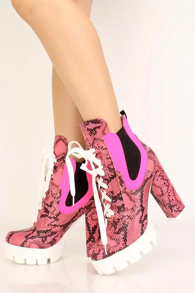 Pink Snake Print Lace Up Platform Chunky Heel Booties - AMIClubwear