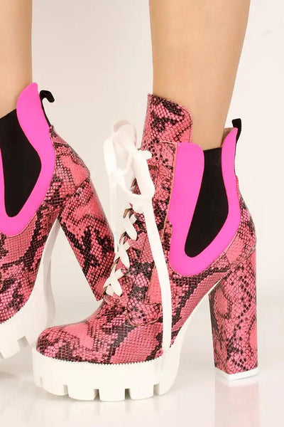 Pink Snake Print Lace Up Platform Chunky Heel Booties - AMIClubwear