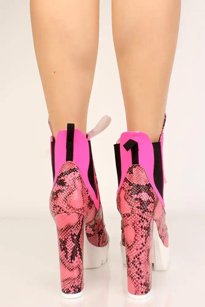 Pink Snake Print Lace Up Platform Chunky Heel Booties - AMIClubwear