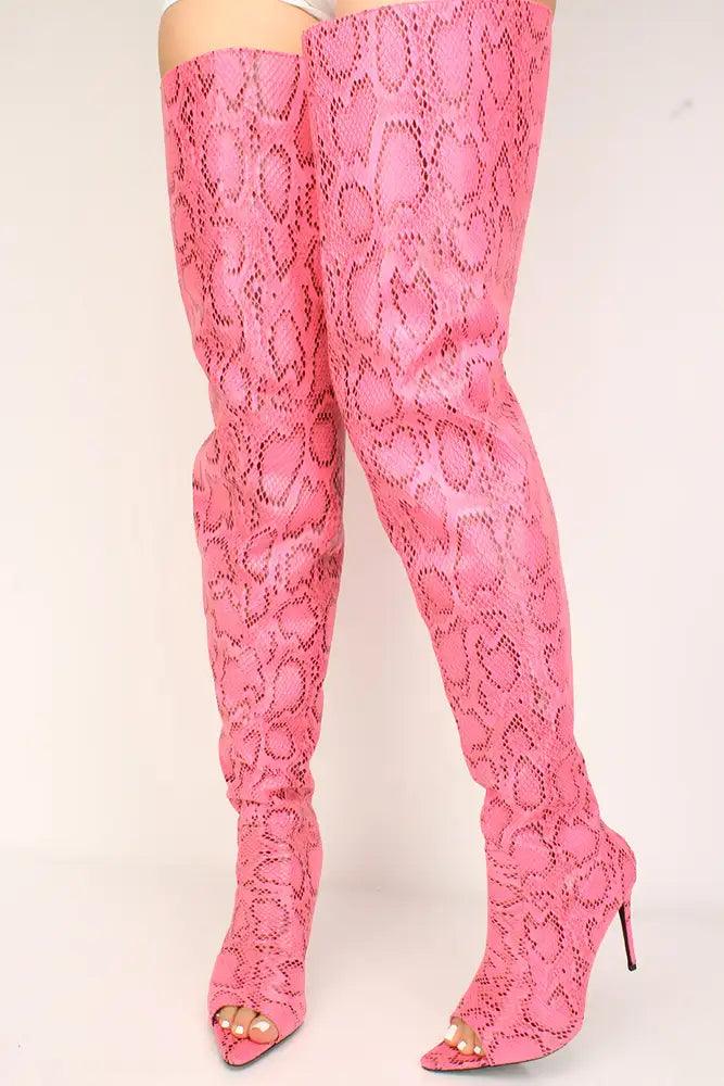 Pink Snake Print Peep Toe Thigh High Boots - AMIClubwear