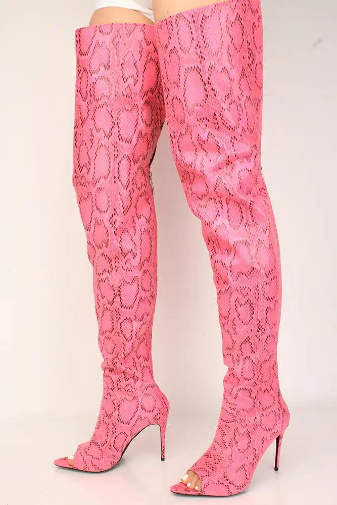 Pink Snake Print Peep Toe Thigh High Boots - AMIClubwear