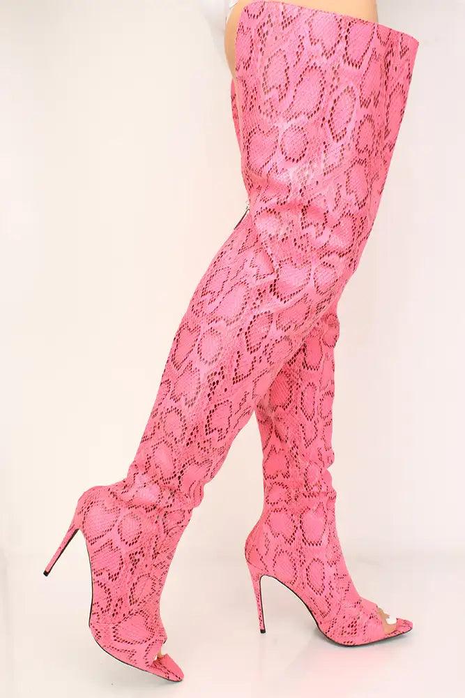 Pink Snake Print Peep Toe Thigh High Boots - AMIClubwear