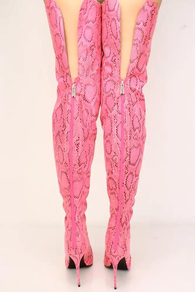 Pink Snake Print Peep Toe Thigh High Boots - AMIClubwear