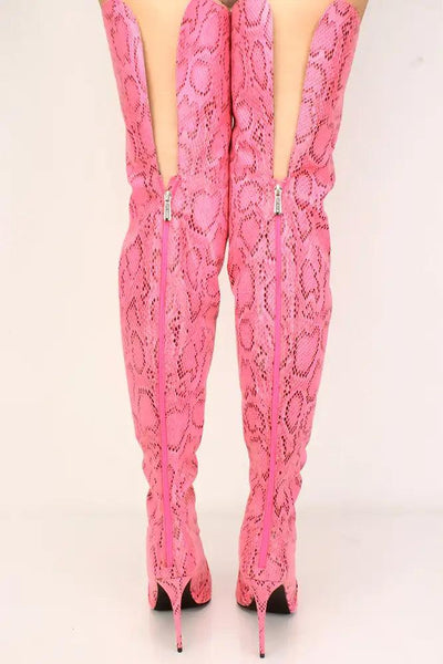 Pink Snake Print Peep Toe Thigh High Boots - AMIClubwear