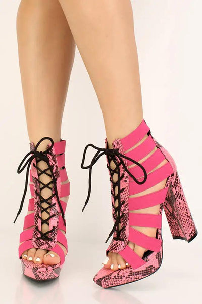 Pink Snake Print Strappy Lace Up Chunky Heels - AMIClubwear