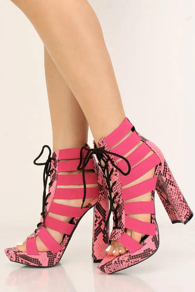 Pink Snake Print Strappy Lace Up Chunky Heels - AMIClubwear