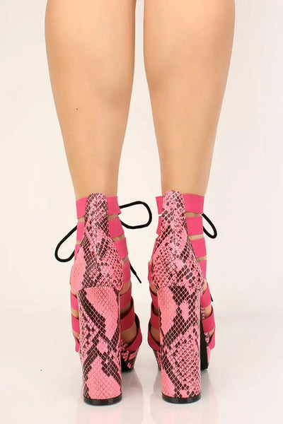 Pink Snake Print Strappy Lace Up Chunky Heels - AMIClubwear