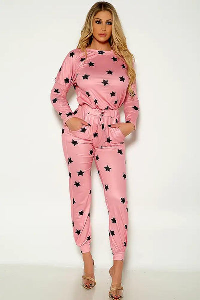 Pink Star Print Long Sleeve Two Tone Two Piece Outfit - AMIClubwear