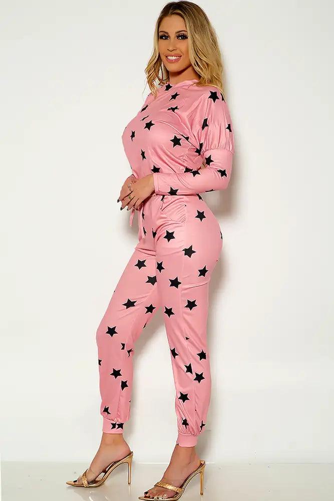 Pink Star Print Long Sleeve Two Tone Two Piece Outfit - AMIClubwear