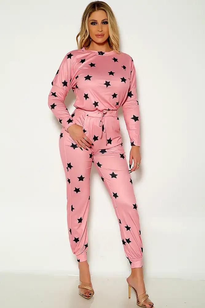 Pink Star Print Long Sleeve Two Tone Two Piece Outfit - AMIClubwear