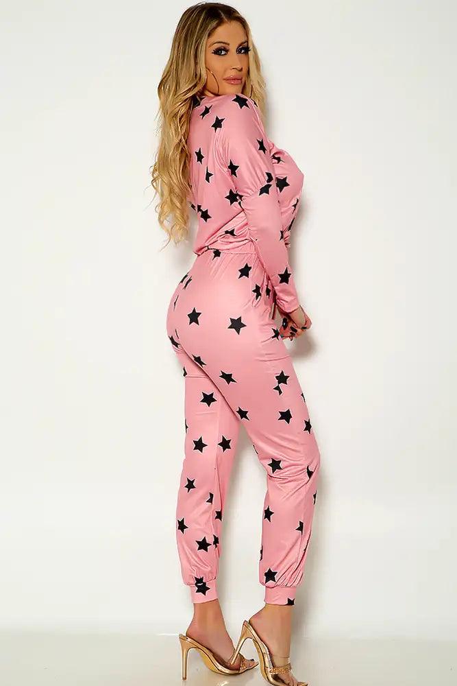Pink Star Print Long Sleeve Two Tone Two Piece Outfit - AMIClubwear