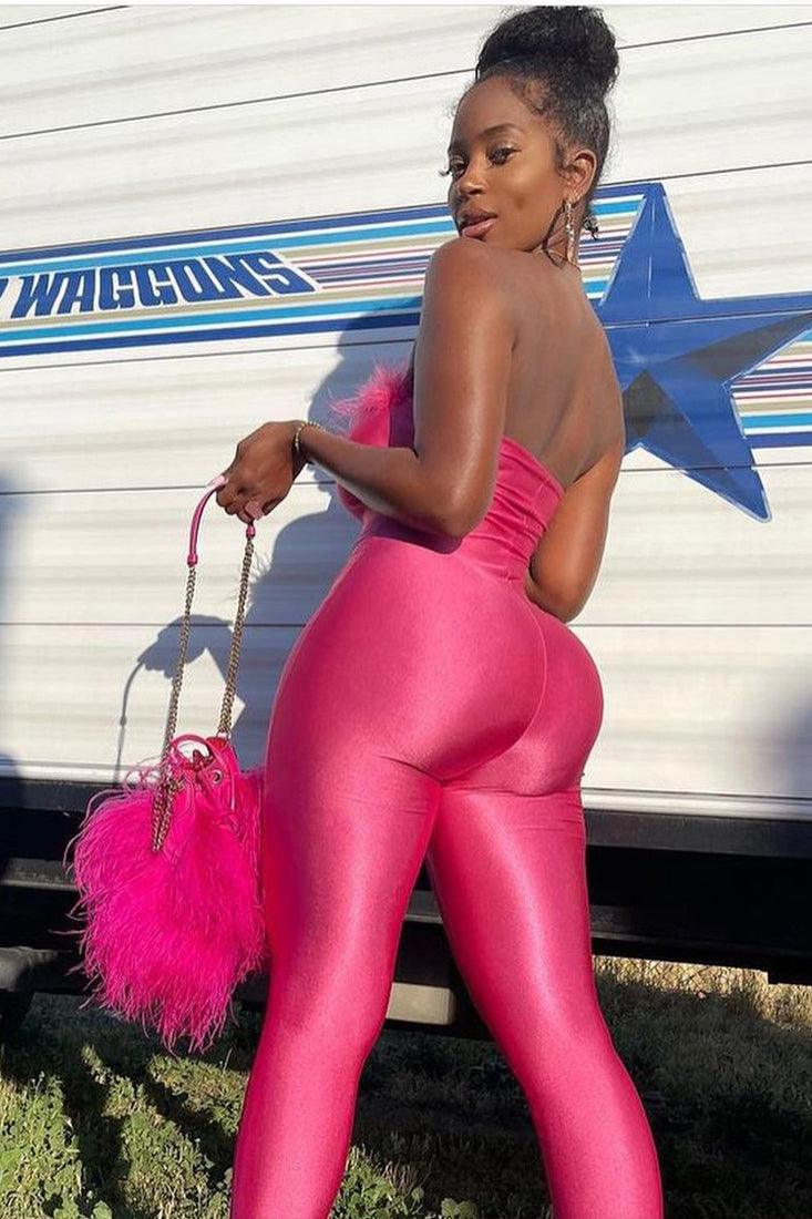 Pink Strapless Faux Feather Sexy Jumpsuit - AMIClubwear