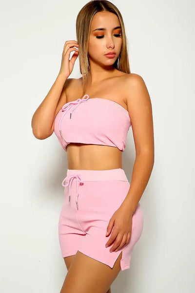 Pink Strapless Two Piece Outfit - AMIClubwear