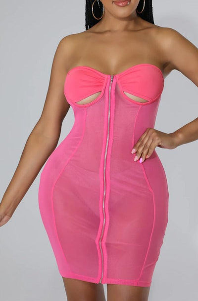 Pink Strapless Zipper Asymmetrical 2 Pc Sexy Party Dress - AMIClubwear