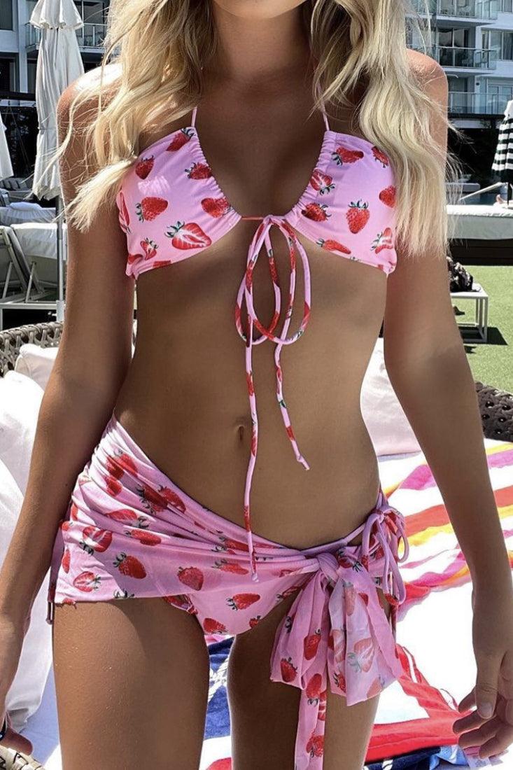 Pink Strawberry Print Strappy Cheeky Sexy Three Piece Swimsuit - AMIClubwear