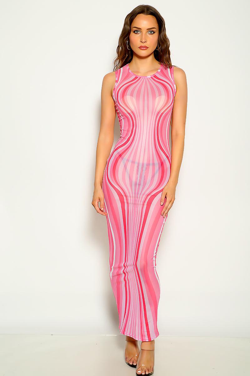 Pink Striped Sleeveless Mesh Maxi Party Dress - AMIClubwear