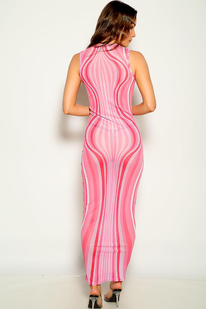 Pink Striped Sleeveless Mesh Maxi Party Dress - AMIClubwear