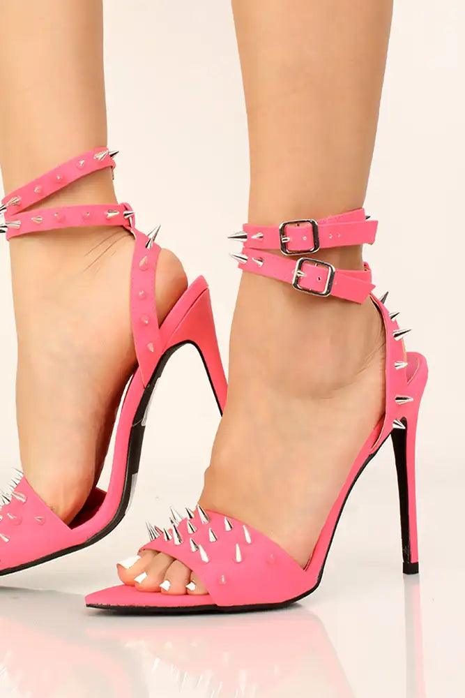 Pink Stud Accent Open Toe High Heels - AMIClubwear
