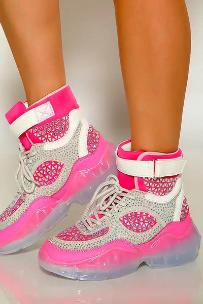 Pink Studded Rhinestone Lace Up High Top Sneakers - AMIClubwear