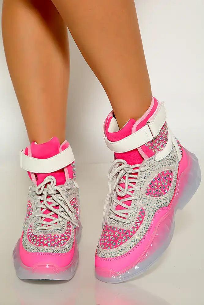 Pink Studded Rhinestone Lace Up High Top Sneakers - AMIClubwear