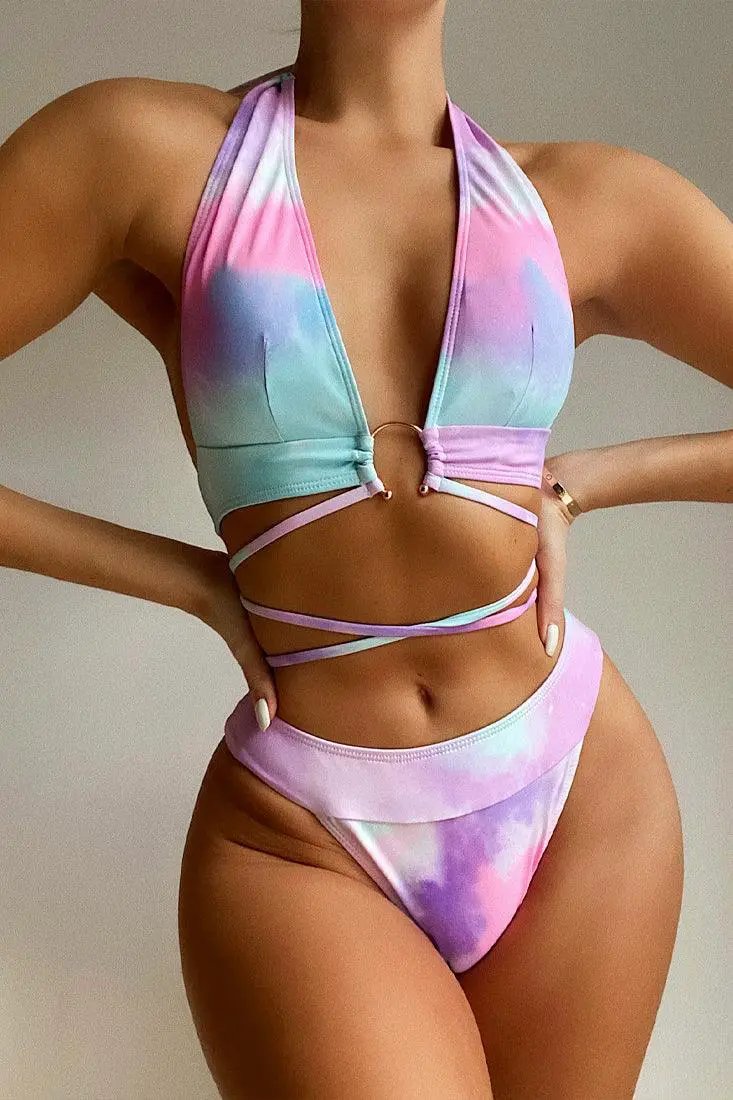 Pink Tie Dye Deep V-Neck Strappy 2 Pc Swimsuit
