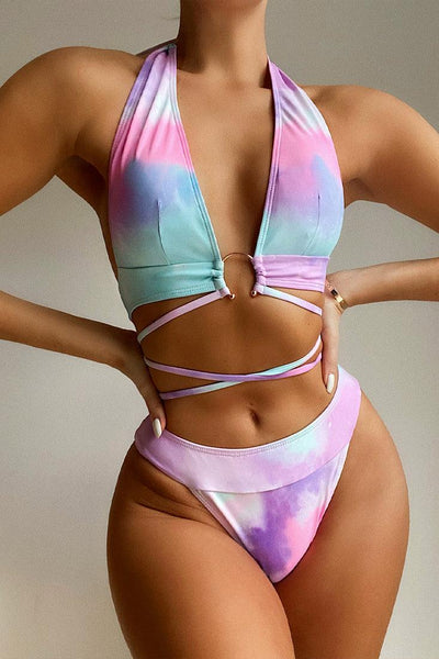 Pink Tie Dye Deep V-Neck Strappy 2 Pc Swimsuit - AMIClubwear